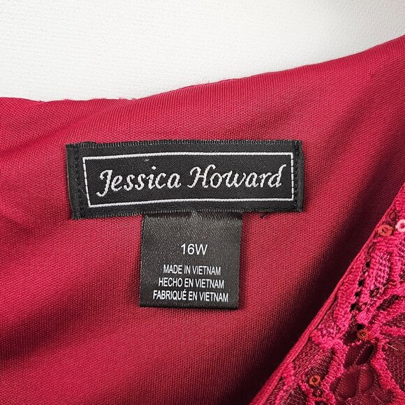 Jessica Howard Cocktail Dress 16W Lace Sequin Overlay Deep Red Holiday Christmas - Picture 3 of 16